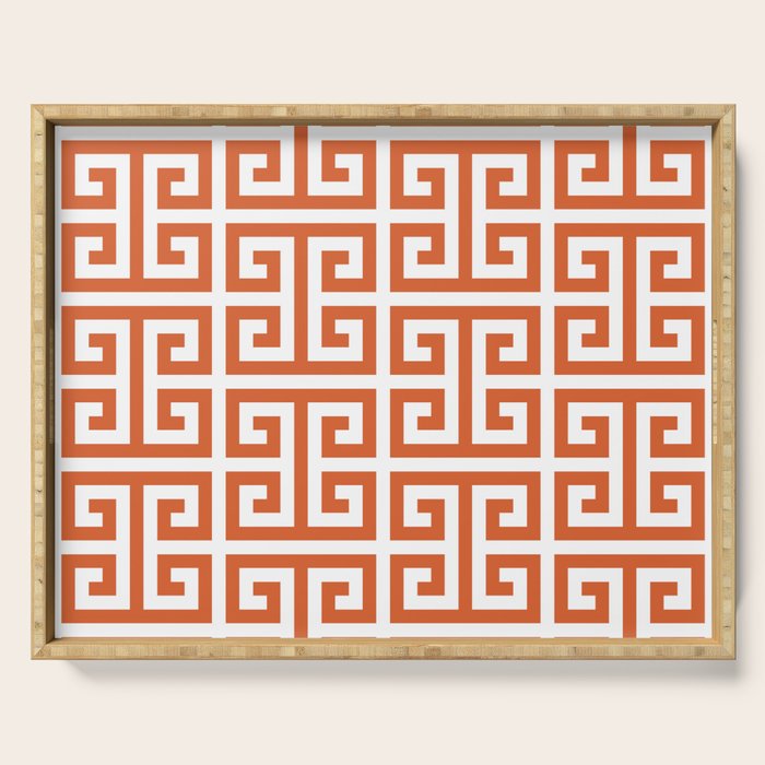 Burnt Orange and White Greek Key Pattern Serving Tray Gallery Image 1
