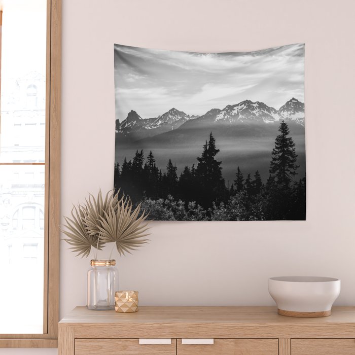 Morning in the Mountains Black and White Wall Tapestry Gallery Image 2