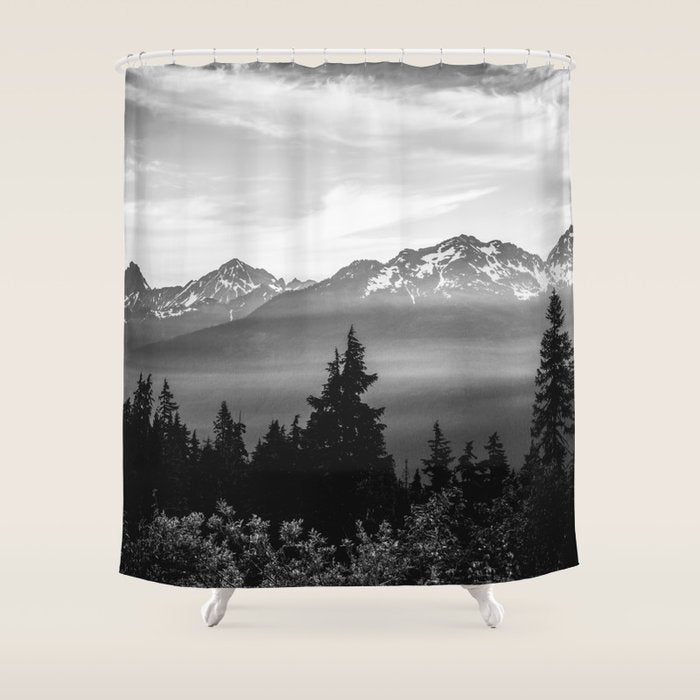 Morning in the Mountains Black and White Shower Curtain Gallery Image 1