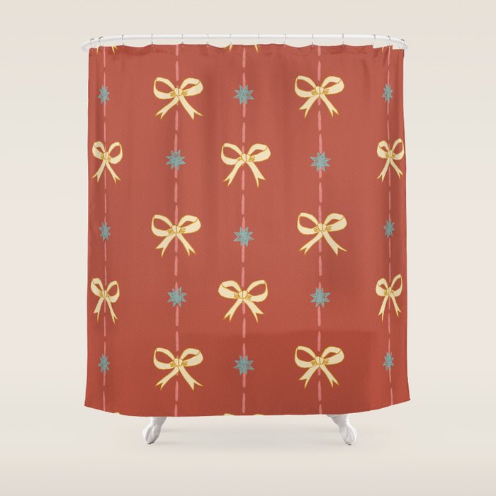 Cute Hair Bows & Stars in Burnt Red & Yellow Shower Curtain Gallery Image 1