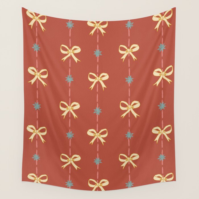 Cute Hair Bows & Stars in Burnt Red & Yellow Wall Tapestry Gallery Image 4