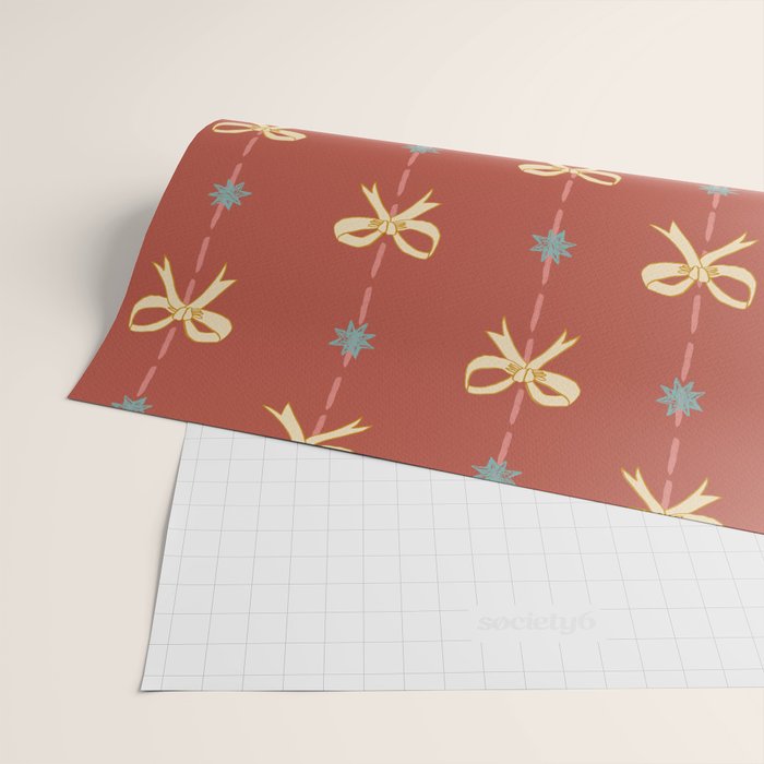 Cute Hair Bows & Stars in Burnt Red & Yellow Wrapping Paper Gallery Image 2