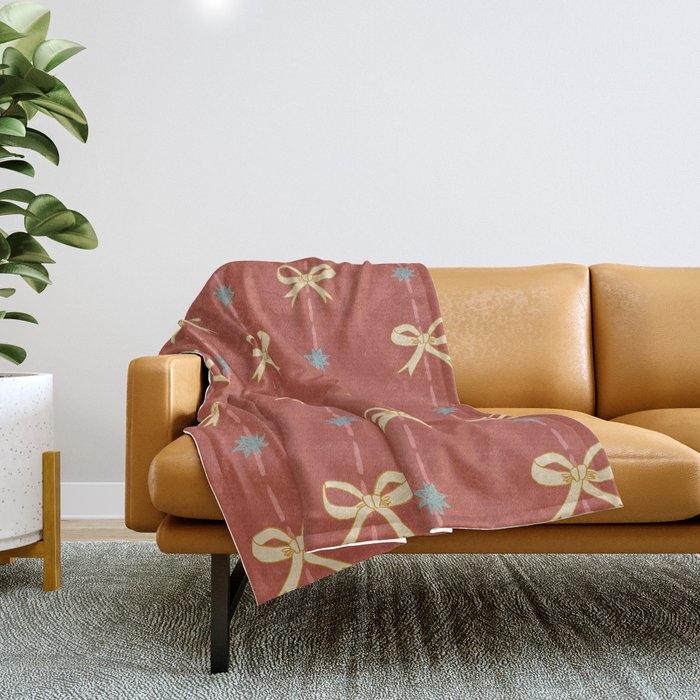 Cute Hair Bows & Stars in Burnt Red & Yellow Throw Blanket Gallery Image 1