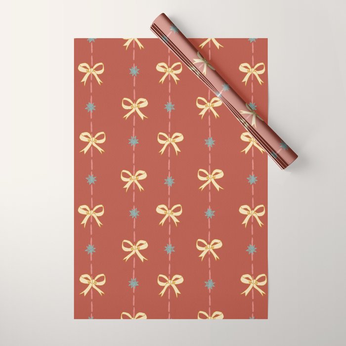 Cute Hair Bows & Stars in Burnt Red & Yellow Wrapping Paper Gallery Image 1