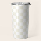 Pale Neutral Beige and White Framed Check Pattern Travel Mug Gallery Image 2