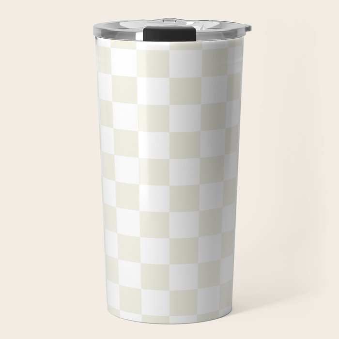 Pale Neutral Beige and White Framed Check Pattern Travel Mug Gallery Image 1