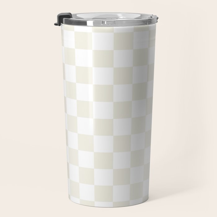 Pale Neutral Beige and White Framed Check Pattern Travel Mug Gallery Image 3