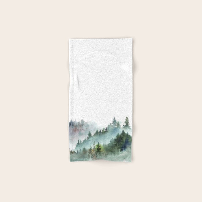 Watercolor Pine Forest Mountains in the Fog Bath Towel Gallery Image 1