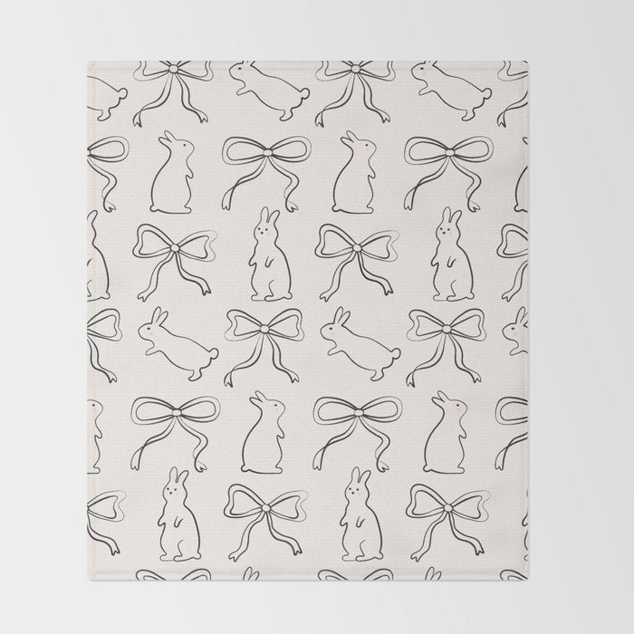 Ribbon Bows and Bunnies in Black and Linen White Throw Blanket Gallery Image 2