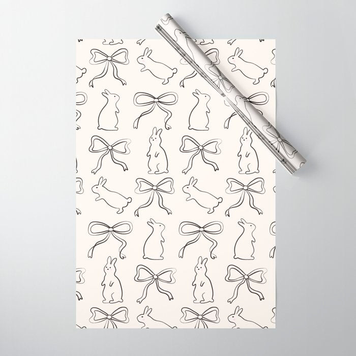 Ribbon Bows and Bunnies in Black and Linen White Wrapping Paper Gallery Image 1