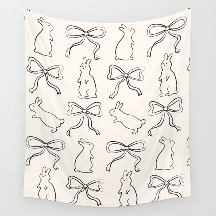 Ribbon Bows and Bunnies in Black and Linen White Wall Tapestry Gallery Image 4