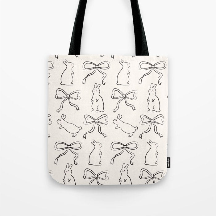Ribbon Bows and Bunnies in Black and Linen White Tote Bag Gallery Image 1