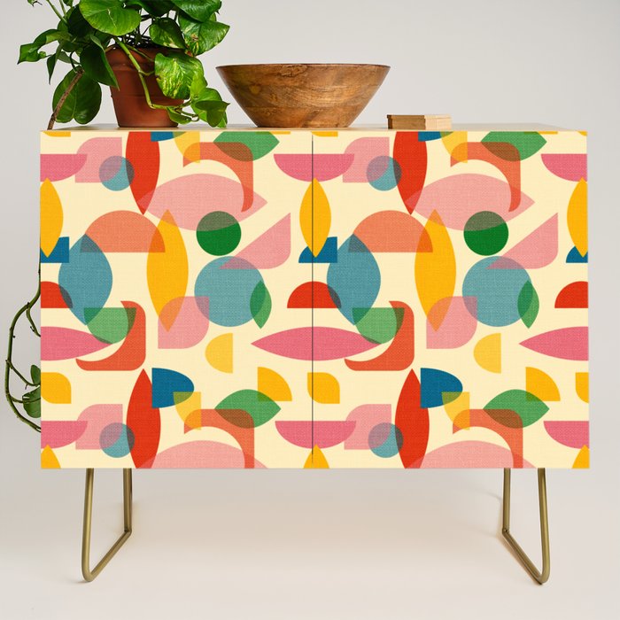 Retro Abstract Geometric Pattern with Bright Colorful Shapes and Fabric Texture Credenza Gallery Image 1