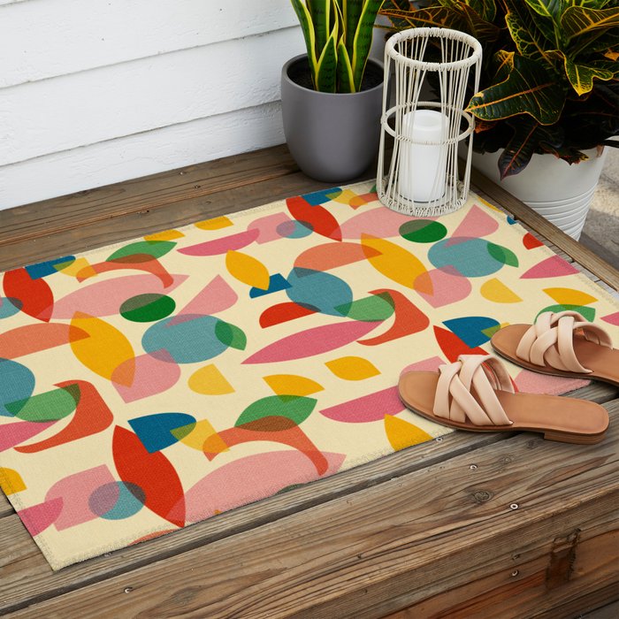 Retro Abstract Geometric Pattern with Bright Colorful Shapes and Fabric Texture Outdoor Rug Gallery Image 2