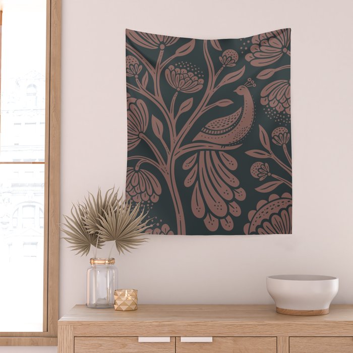 Peacock Dreams - Black & Terracotta Wall Tapestry Gallery Image 2