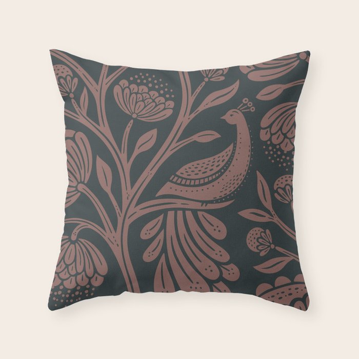 Peacock Dreams - Black & Terracotta Throw Pillow Gallery Image 1