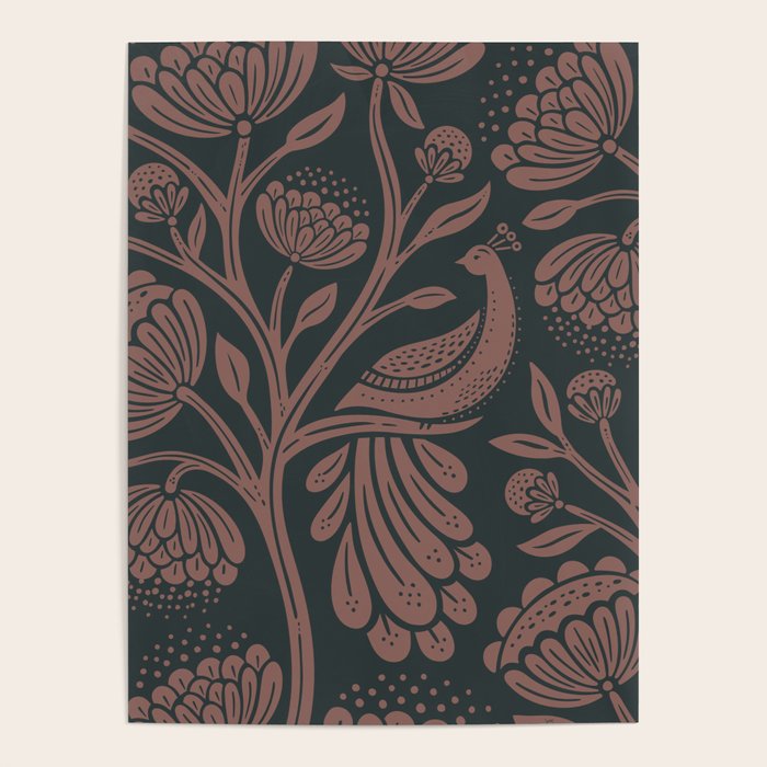 Peacock Dreams - Black & Terracotta Poster Gallery Image 1