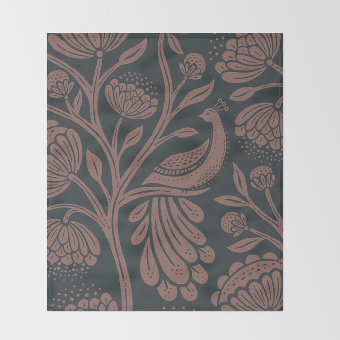Peacock Dreams - Black & Terracotta Throw Blanket Gallery Image 2