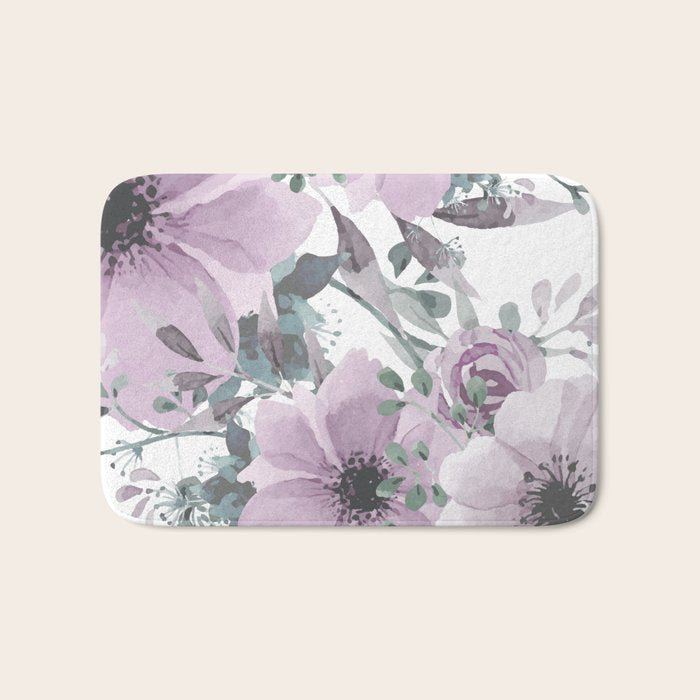 Floral Watercolor, Purple and Gray Bath Mat Gallery Image 1