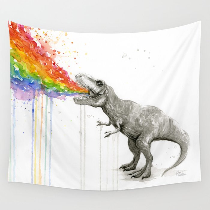 T-Rex Dinosaur Rainbow Puke Taste the Rainbow Watercolor Wall Tapestry Gallery Image 4