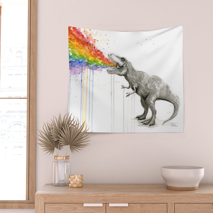 T-Rex Dinosaur Rainbow Puke Taste the Rainbow Watercolor Wall Tapestry Gallery Image 2