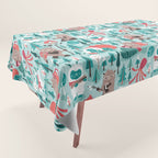 Besties // aqua background white Yeti brown Bigfoot teal and mint trees red and coral details Tablecloth Gallery Image 1