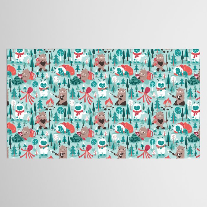 Besties // aqua background white Yeti brown Bigfoot teal and mint trees red and coral details Tablecloth Gallery Image 2