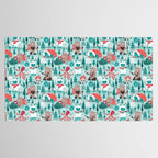 Besties // aqua background white Yeti brown Bigfoot teal and mint trees red and coral details Tablecloth Gallery Image 2
