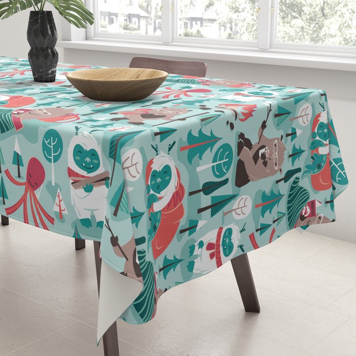 Besties // aqua background white Yeti brown Bigfoot teal and mint trees red and coral details Tablecloth Gallery Image 3
