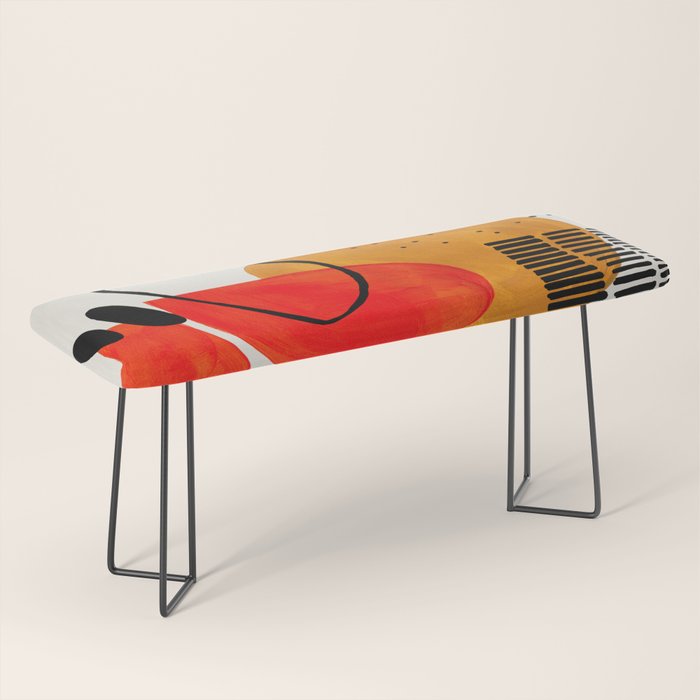 Mid Century Modern Abstract Colorful Art Yellow Ball Orange Shapes Orbit Black Pattern Bench Gallery Image 1