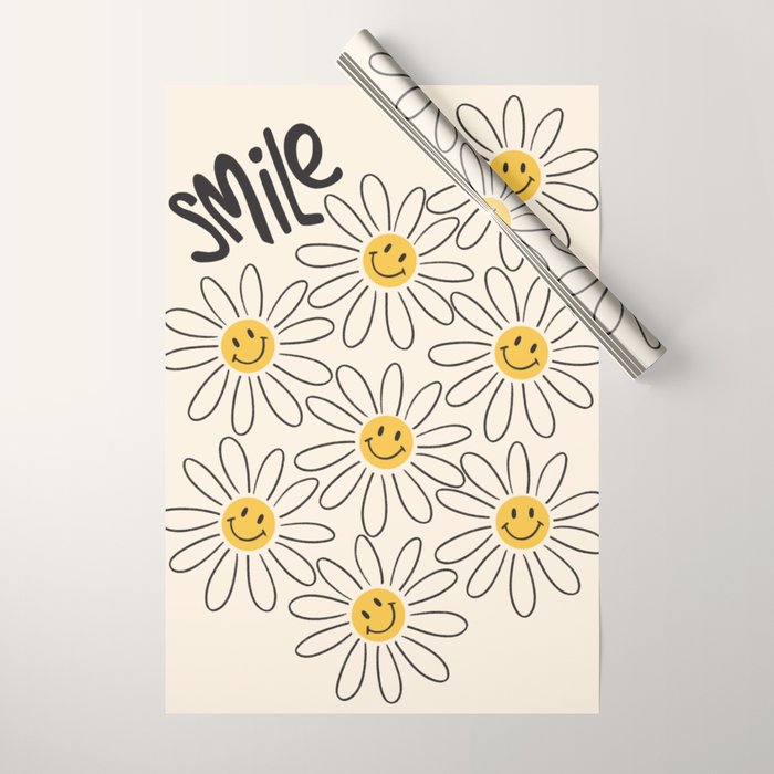 Smiley face 70s Daisy  Wrapping Paper Gallery Image 1