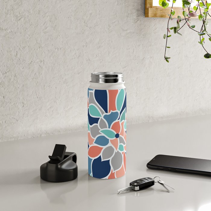 Colorful Floral Bloom, Coral, Teal, Blue, Gray Water Bottle Gallery Image 4