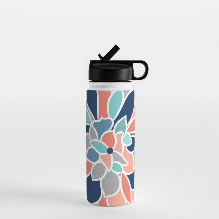 Colorful Floral Bloom, Coral, Teal, Blue, Gray Water Bottle Gallery Image 1