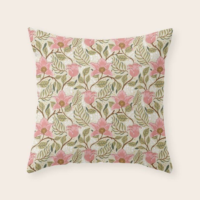 Spring Garden Flowers - Pink and Green Throw Pillow Gallery Image 1