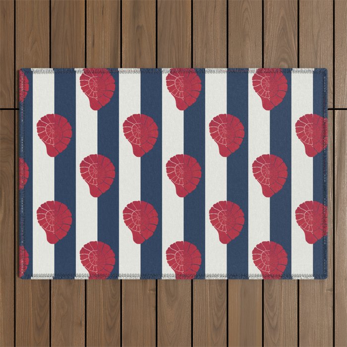 Red nautilus shell and navy stripes Outdoor Rug Gallery Image 1