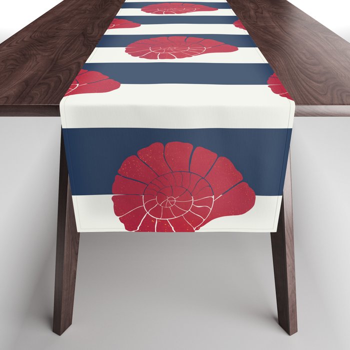 Red nautilus shell and navy stripes Table Runner Gallery Image 1