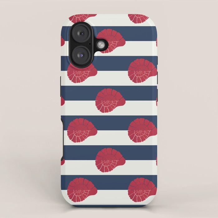 Red nautilus shell and navy stripes iPhone Case Gallery Image 1