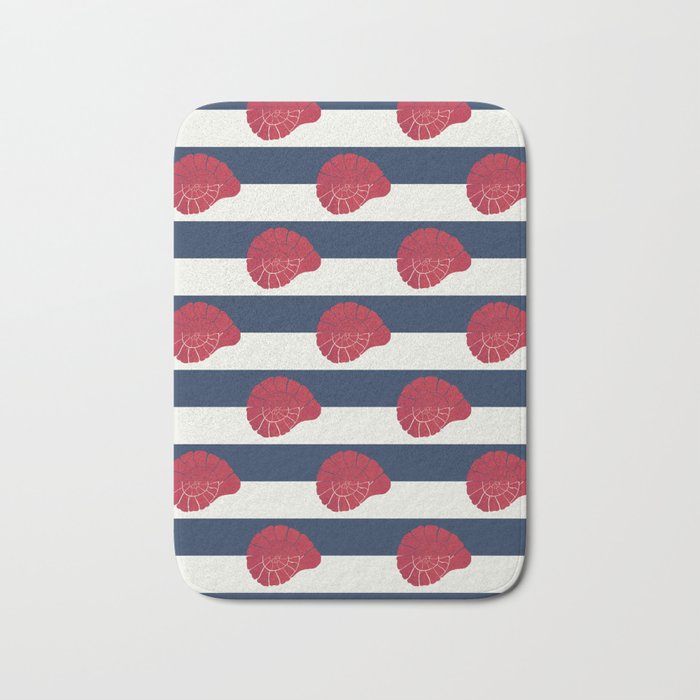 Red nautilus shell and navy stripes Bath Mat Gallery Image 1