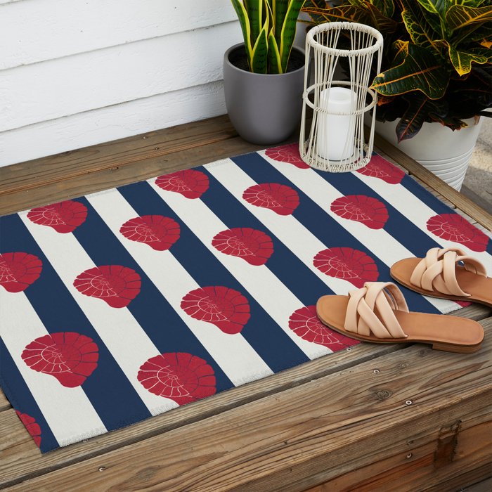 Red nautilus shell and navy stripes Outdoor Rug Gallery Image 2