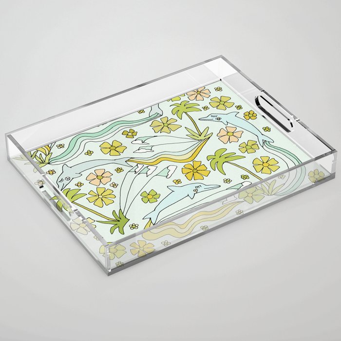 dolphin love flower power // retro surf art by surfy birdy Acrylic Tray Gallery Image 1