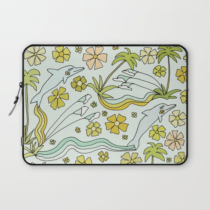 dolphin love flower power // retro surf art by surfy birdy Laptop Sleeve Gallery Image 1