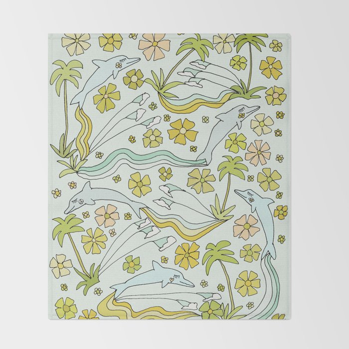 dolphin love flower power // retro surf art by surfy birdy Throw Blanket Gallery Image 2