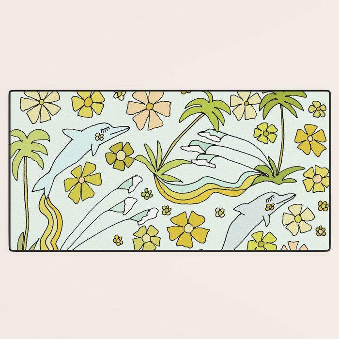 dolphin love flower power // retro surf art by surfy birdy Desk Mat Gallery Image 3