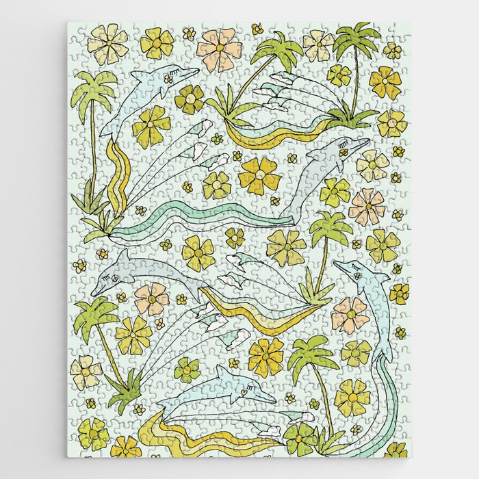 dolphin love flower power // retro surf art by surfy birdy Jigsaw Puzzle Gallery Image 1