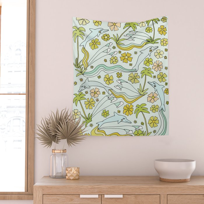 dolphin love flower power // retro surf art by surfy birdy Wall Tapestry Gallery Image 2