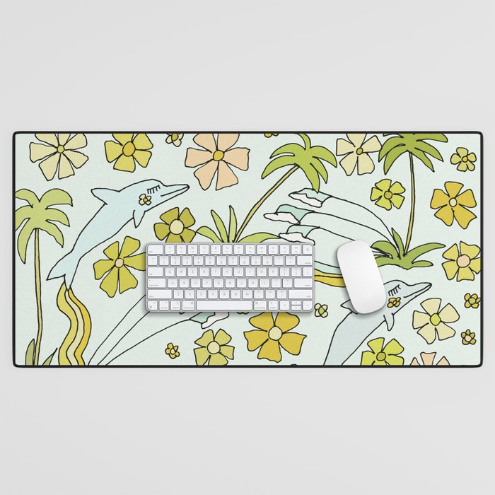 dolphin love flower power // retro surf art by surfy birdy Desk Mat Gallery Image 1