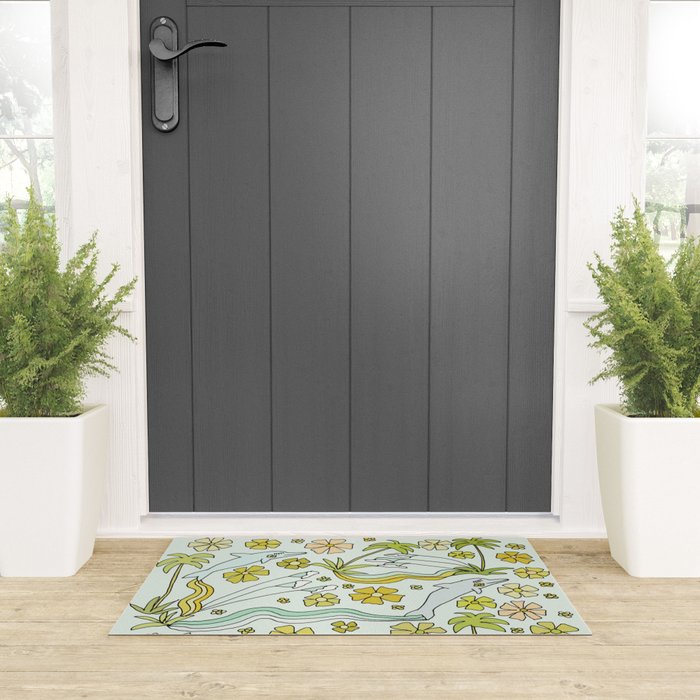 dolphin love flower power // retro surf art by surfy birdy Welcome Mat Gallery Image 3