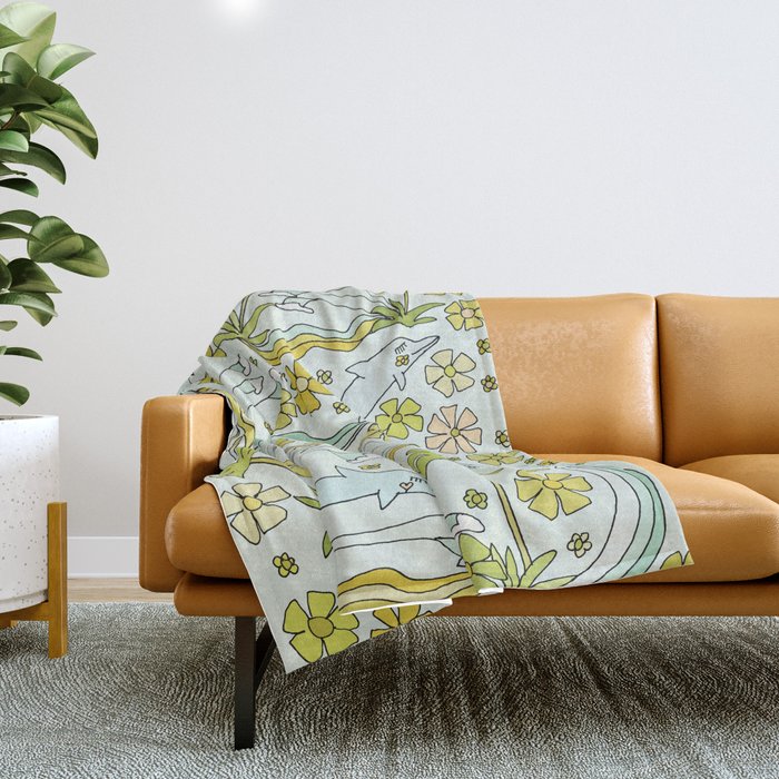 dolphin love flower power // retro surf art by surfy birdy Throw Blanket Gallery Image 1
