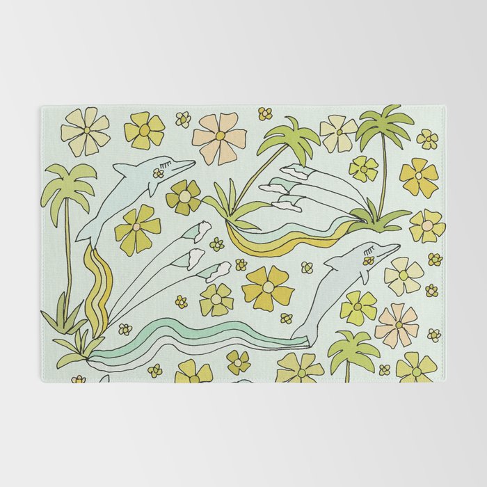 dolphin love flower power // retro surf art by surfy birdy Rug Gallery Image 2