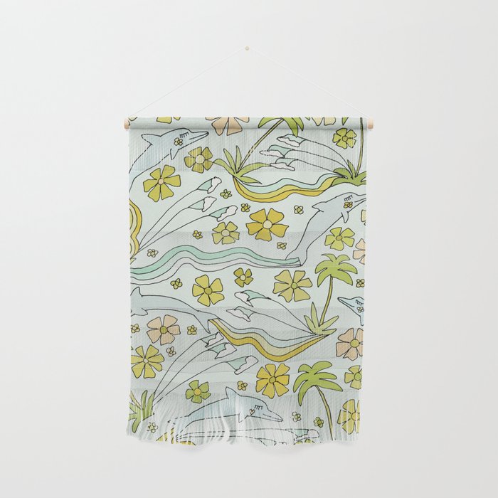 dolphin love flower power // retro surf art by surfy birdy Wall Hanging Gallery Image 1